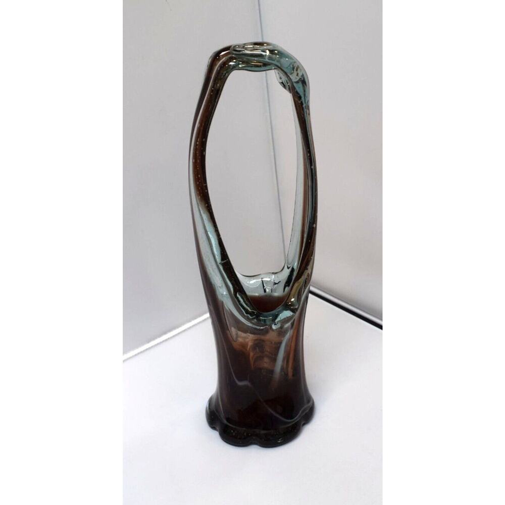 Art Glass‎ Hand Blown Basket Vase Brown and Purple Swirls 12 Inch Tall